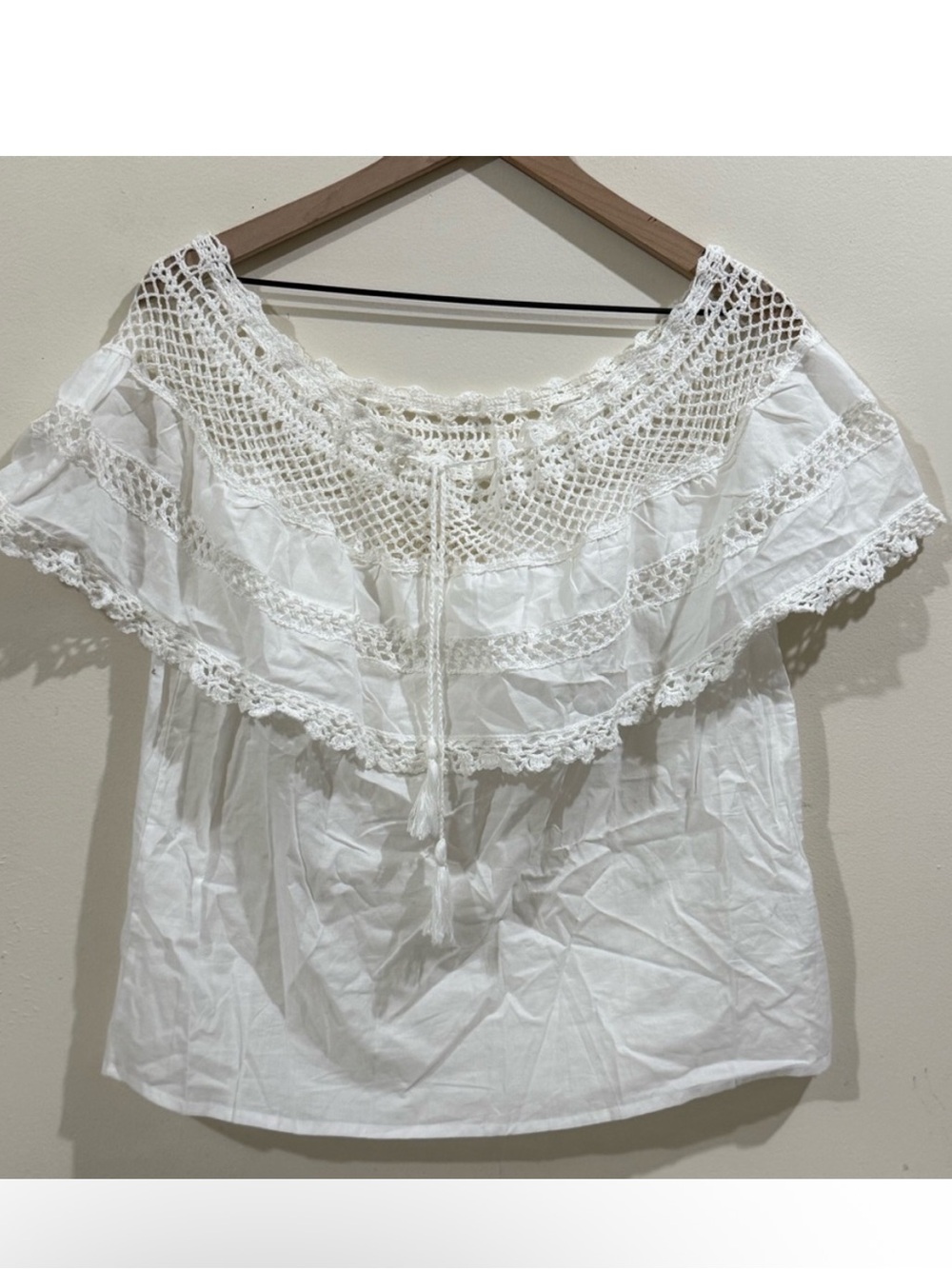 Jen's Pirate Booty White Crochet Off-Shoulder Ruffle Top